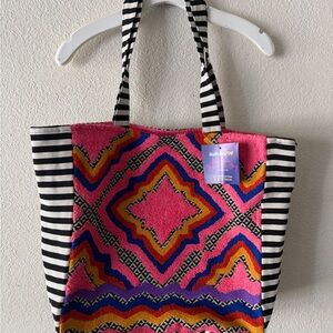 Rainbow Geometric Tote with Striped Handles